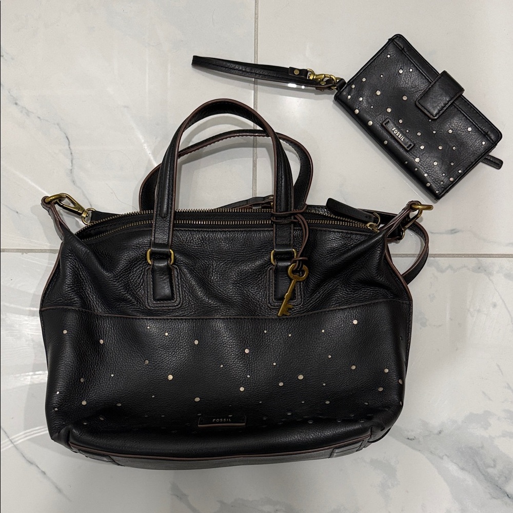 Fossil Black and Gold Women's Satchel Set